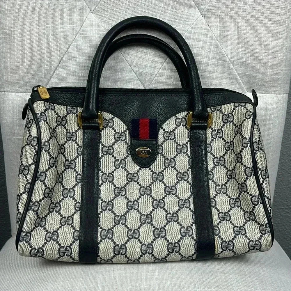 Vintage Gucci Boston Hand Bag Satchel Purse Monogram Navy Canvas Leather